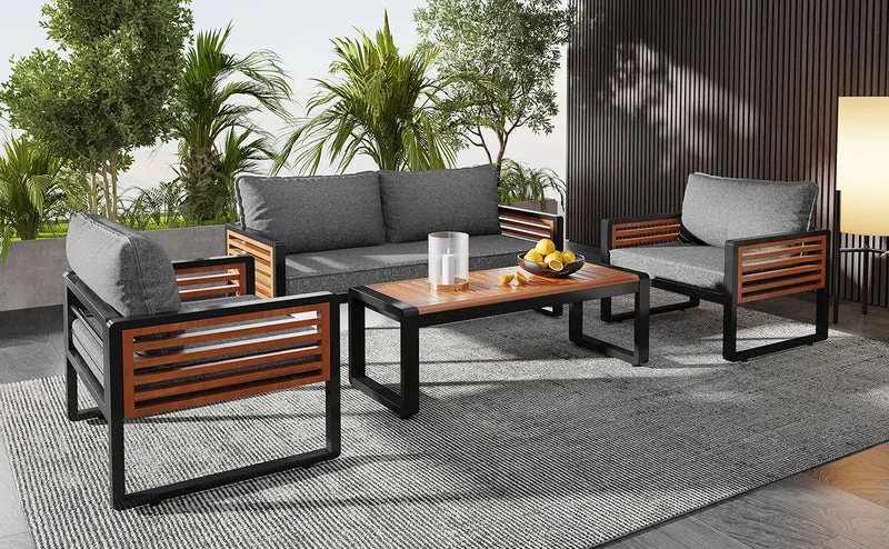 Salon de jardin 4 pièces gris, 2 places + 2 fauteuils + table basse CLIFFSHIMMER
