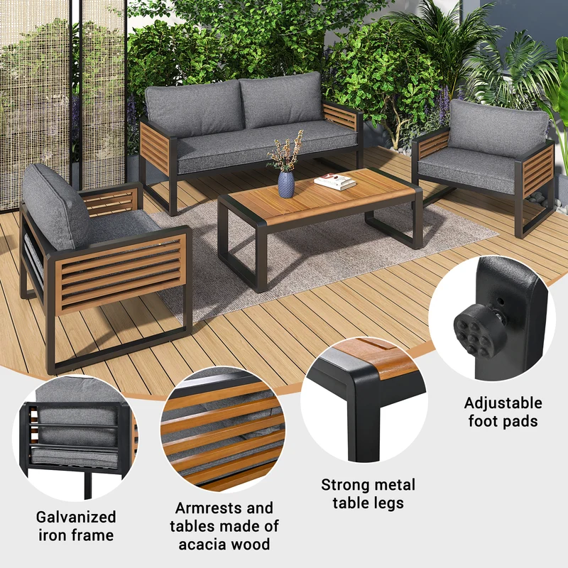 Salon de jardin 4 pièces gris, 2 places + 2 fauteuils + table basse CLIFFSHIMMER