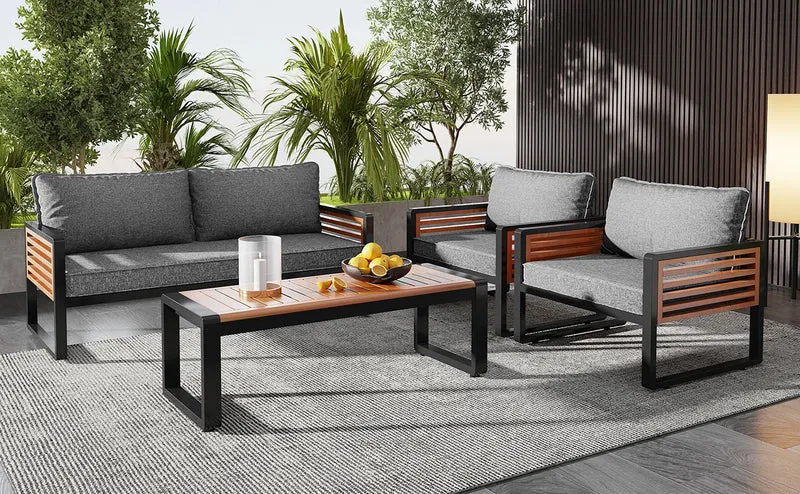 Salon de jardin 4 pièces gris, 2 places + 2 fauteuils + table basse CLIFFSHIMMER