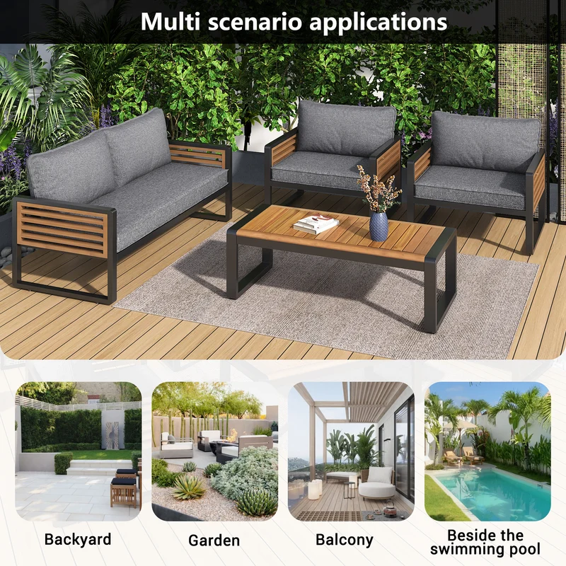 Salon de jardin 4 pièces gris, 2 places + 2 fauteuils + table basse CLIFFSHIMMER