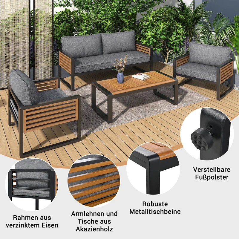 Salon de jardin 4 pièces gris, 2 places + 2 fauteuils + table basse CLIFFSHIMMER