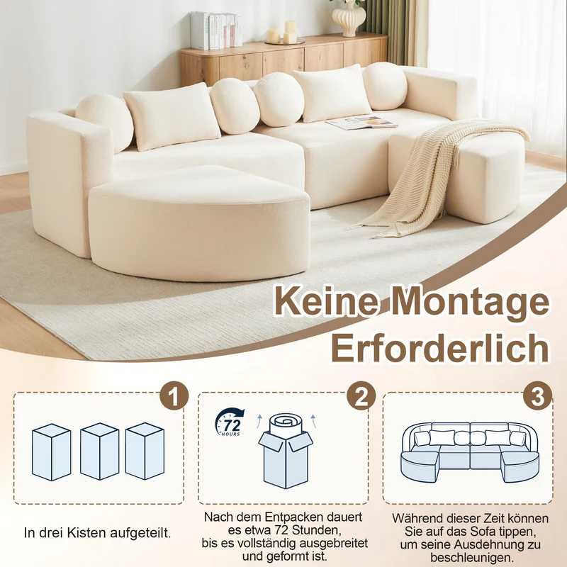 Canapé panoramique modulable avec fonction lit, chenille beige, sans montage 292x165x68 cm FLAREZORA