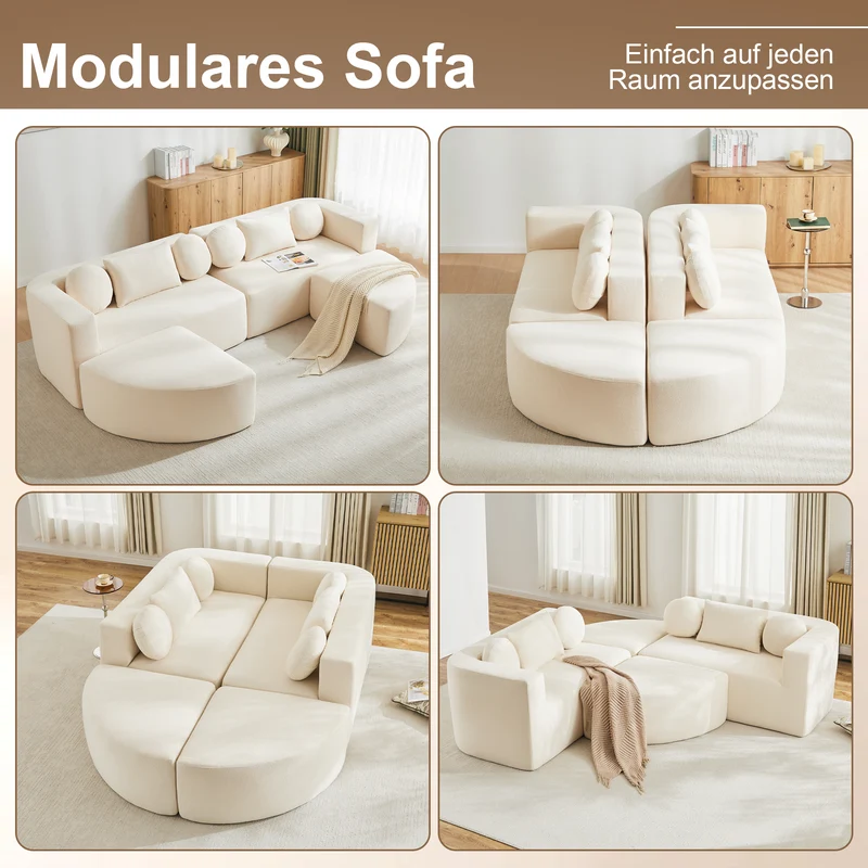 Canapé panoramique modulable avec fonction lit, chenille beige, sans montage 292x165x68 cm FLAREZORA