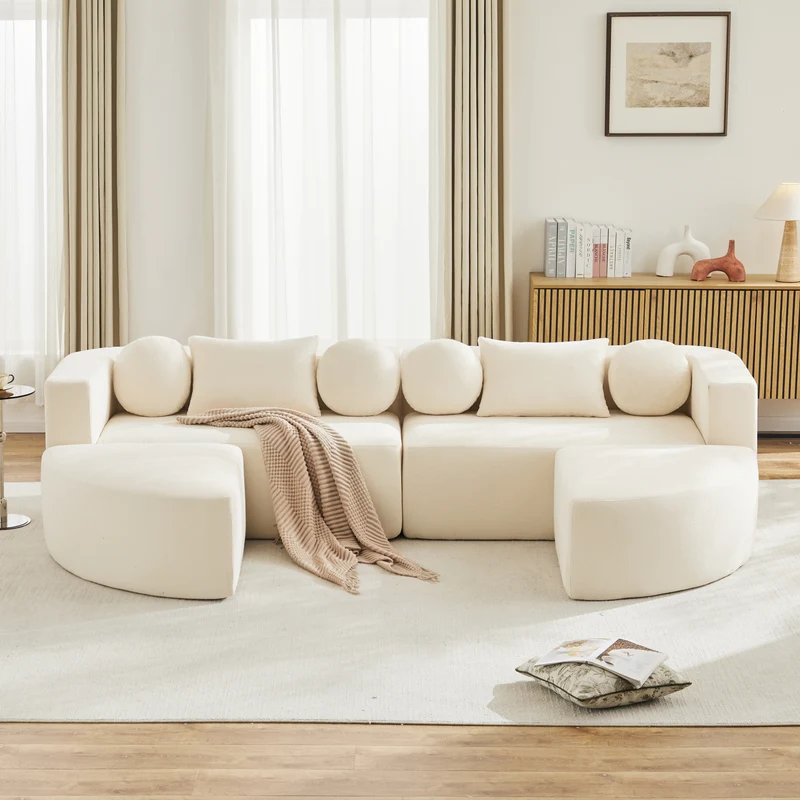Canapé panoramique modulable avec fonction lit, chenille beige, sans montage 292x165x68 cm FLAREZORA