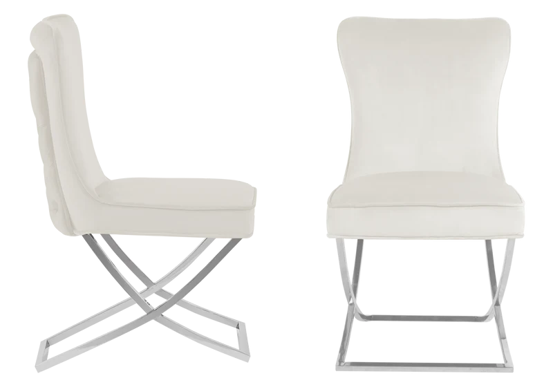 Chaise capitonnée pied croisé argent écrue - Enzo x2