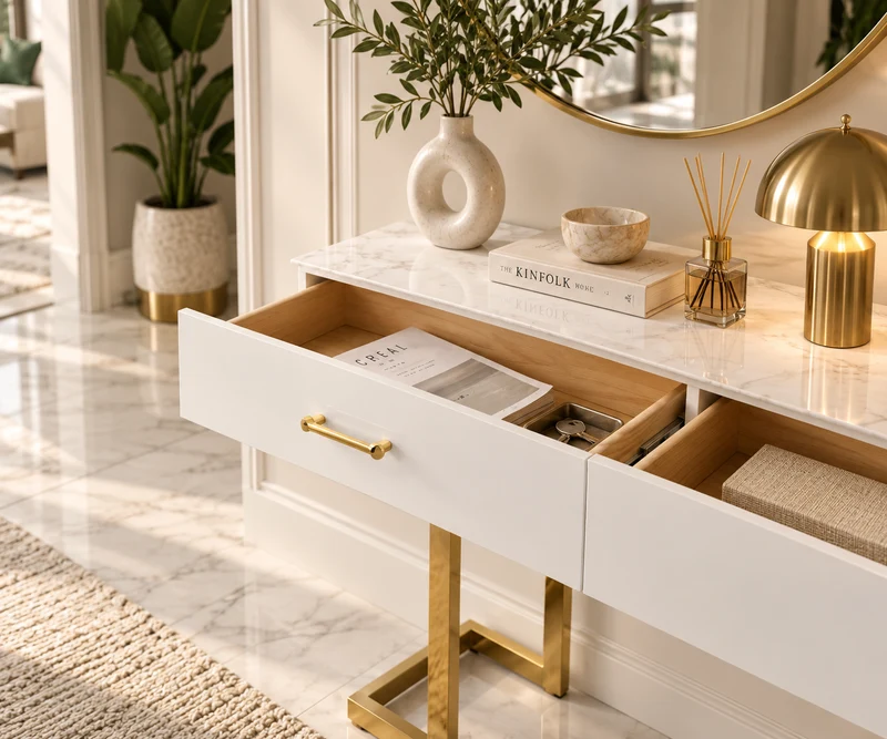 Console / Coiffeuse Lila – Effet marbre & Pieds dorés