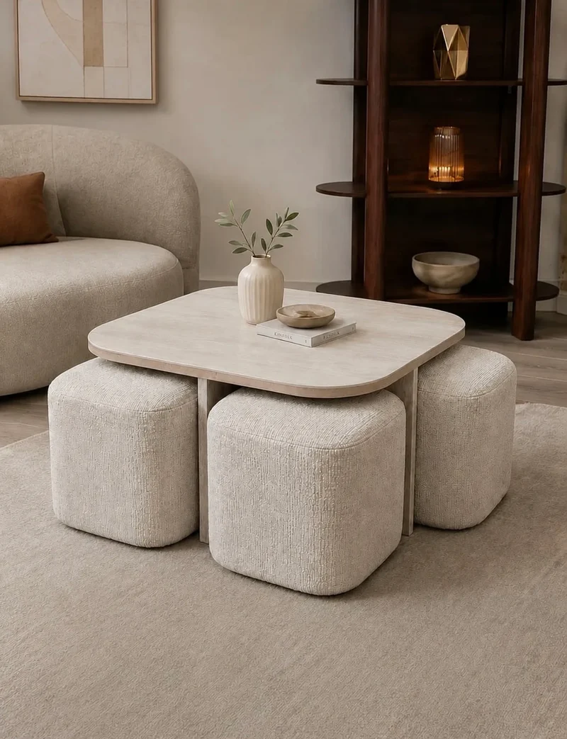 Table Basse Marbella avec 4 Poufs – Effet Travertin Céramique & Tissu Marbella Beige