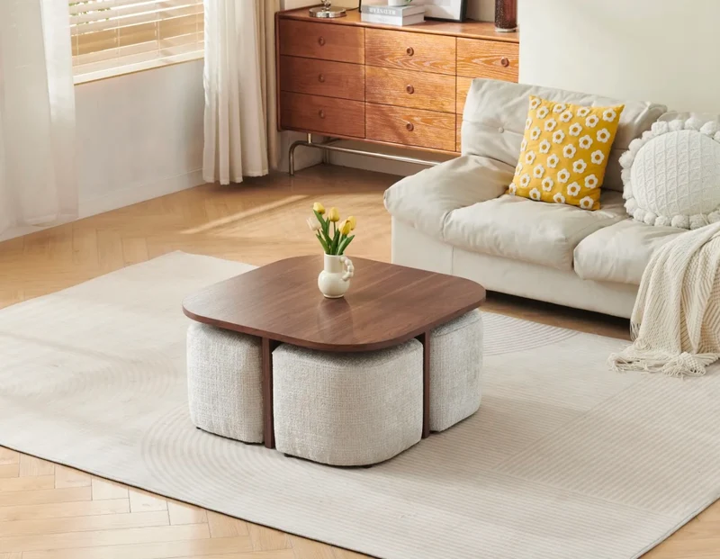 Table Basse Marbella avec 4 Poufs – Effet Noyer Tissu Marbella