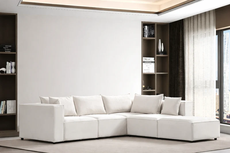 Canapé Modulable 4+1 Pouf en Velours Blanc Anti-Tâche – Design Contemporain & Confort Luxueux