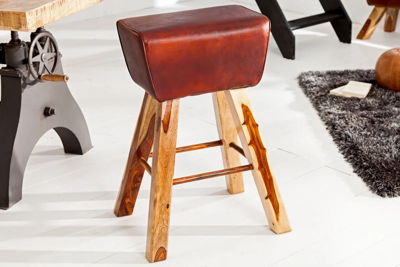 Tabouret de bar rétro TURNBOCK 75cm avec revêtement en cuir véritable chaise de bar en bois de manguier