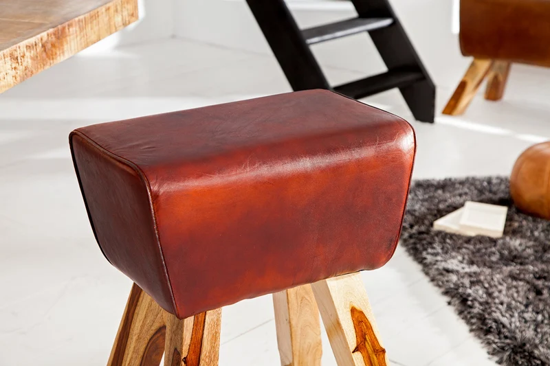 Tabouret de bar rétro TURNBOCK 75cm avec revêtement en cuir véritable chaise de bar en bois de manguier