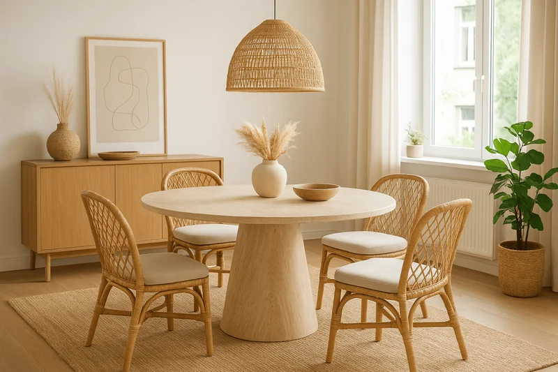 Table à manger ronde NOEMIE effet travertin – Ø120 cm – Design moderne