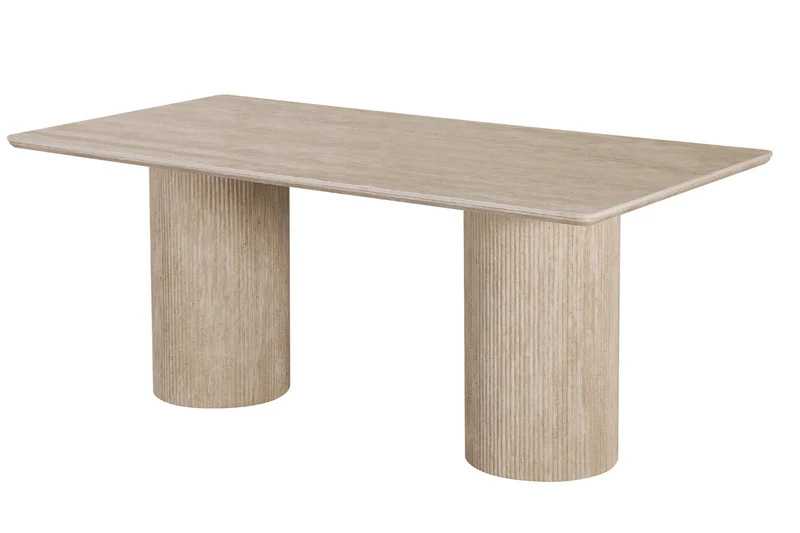 Table à manger design en pierre naturelle type travertin EVA – 180 cm – Pieds cylindriques striés