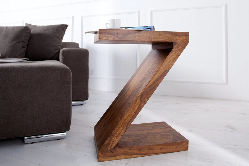 Table d'appoint en bois massif Z 45 cm finition pierre de Sheesham marron grain unique