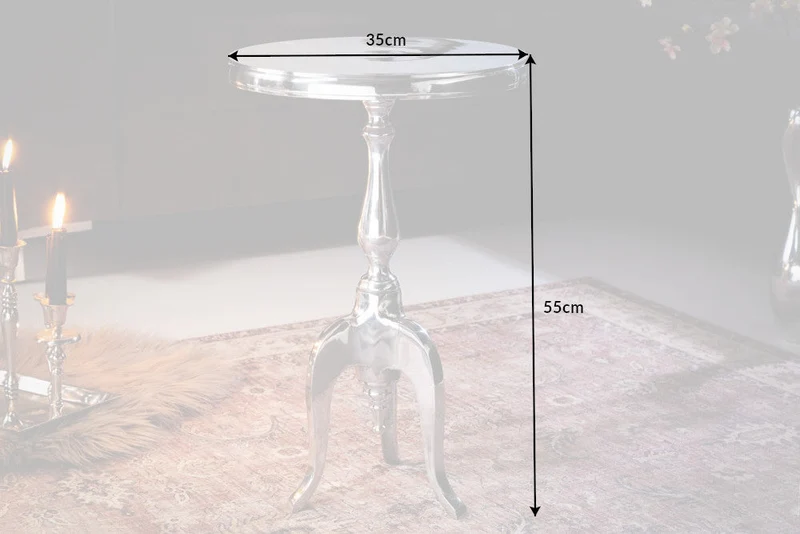 Élégante table d'appoint SAVOY 55cm argent poli trépied avec plateau rond