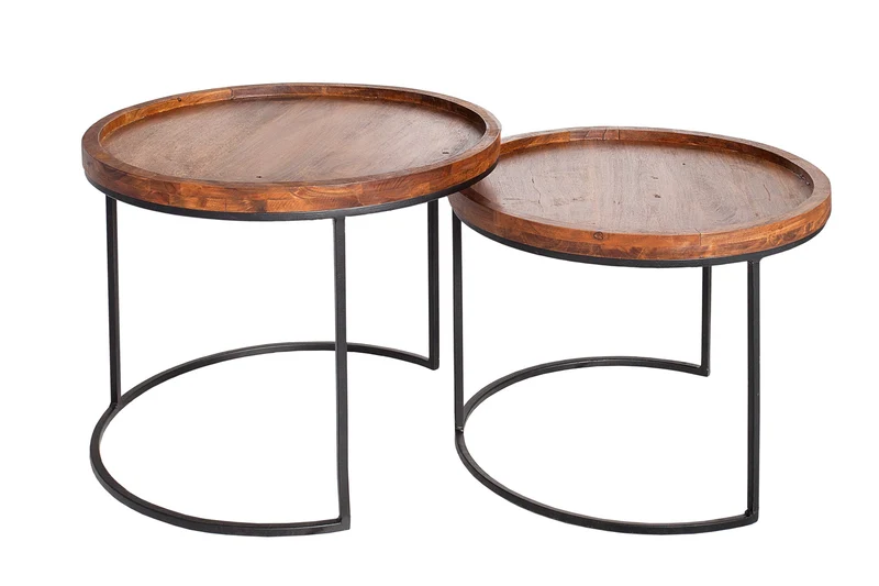 Lot de 2 tables d'appoint rondes ELEMENTS 55cm finition pierre d'acacia métal noir