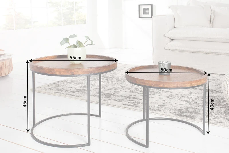 Lot de 2 tables d'appoint rondes ELEMENTS 55cm finition pierre d'acacia métal noir