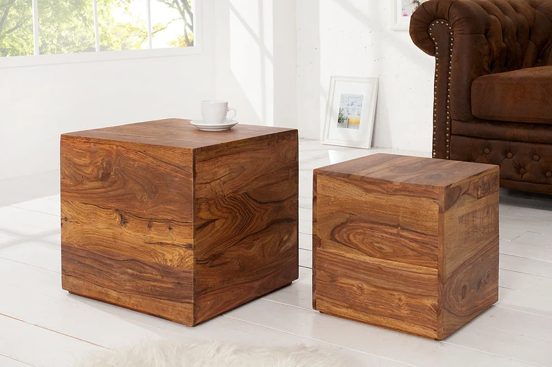 Lot de 2 tables d'appoint cube MAKASSAR 40cm bois massif de Sheesham marron finition pierre
