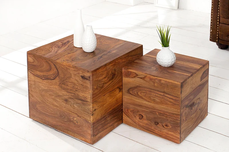Lot de 2 tables d'appoint cube MAKASSAR 40cm bois massif de Sheesham marron finition pierre