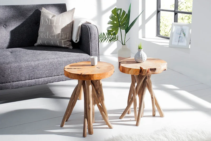 Table d'appoint exclusive ROOT 30cm tabouret rond en bois massif de teck naturel