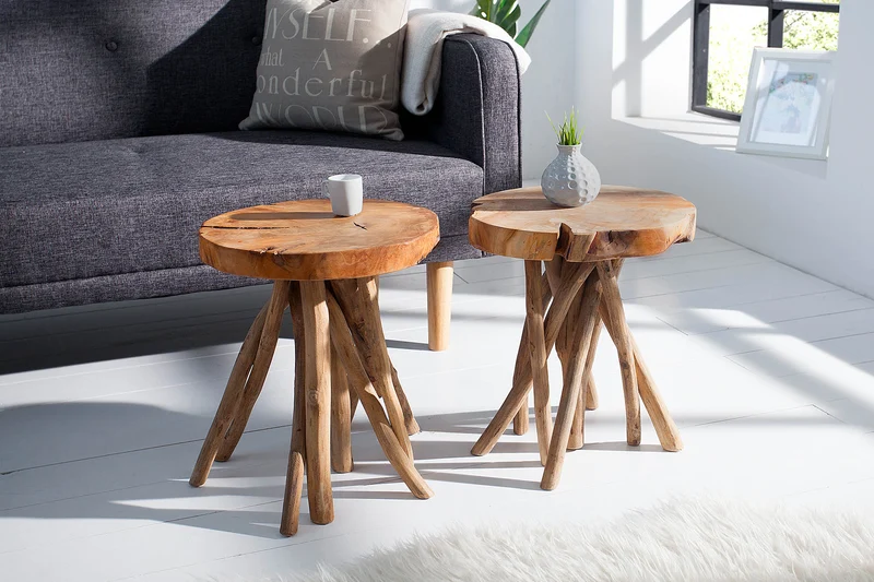 Table d'appoint exclusive ROOT 30cm tabouret rond en bois massif de teck naturel