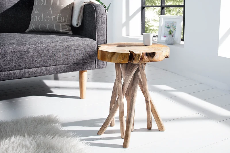 Table d'appoint exclusive ROOT 30cm tabouret rond en bois massif de teck naturel