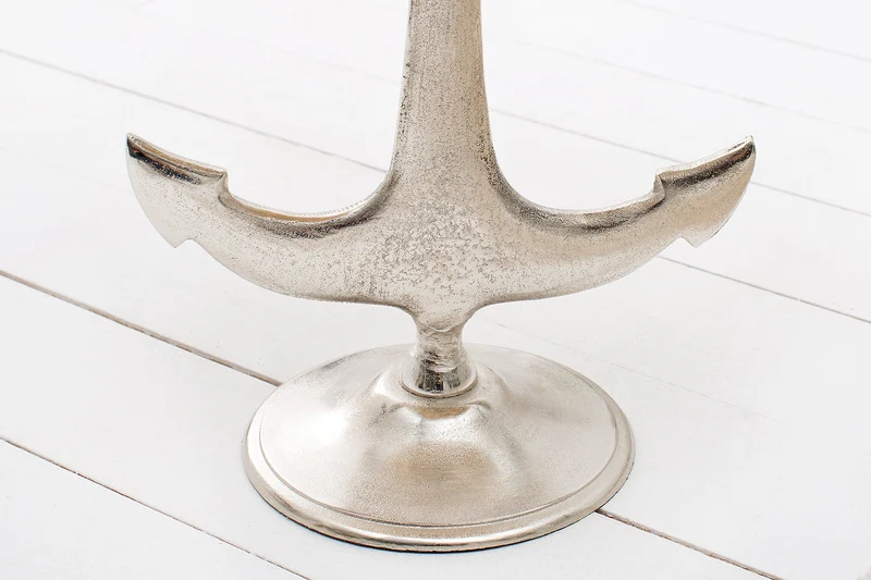 Table d'appoint maritime SEVEN SEAS 50cm design ancre argentée ronde bois de manguier métal