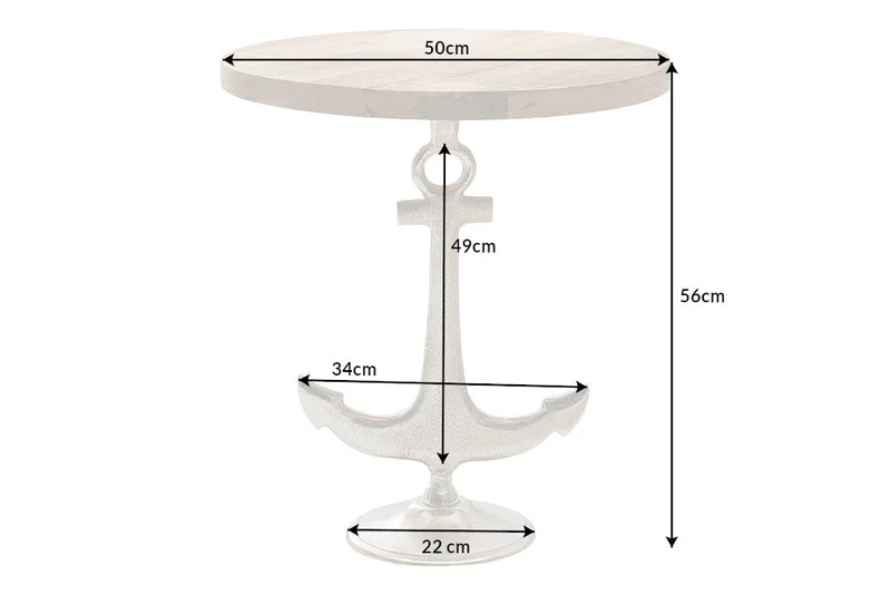Table d'appoint maritime SEVEN SEAS 50cm design ancre argentée ronde bois de manguier métal