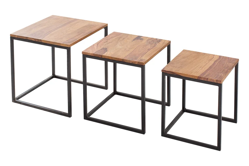 Lot de 3 tables d'appoint ELEMENTS 40cm bois massif de Sheesham marron finition pierre métal