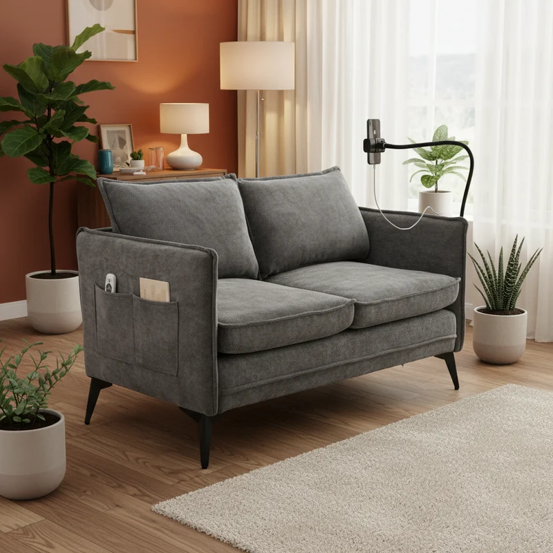Canapé 2 places en tissu chenille gris avec support téléphone réglable 127x69x66cm INFINITEONYX