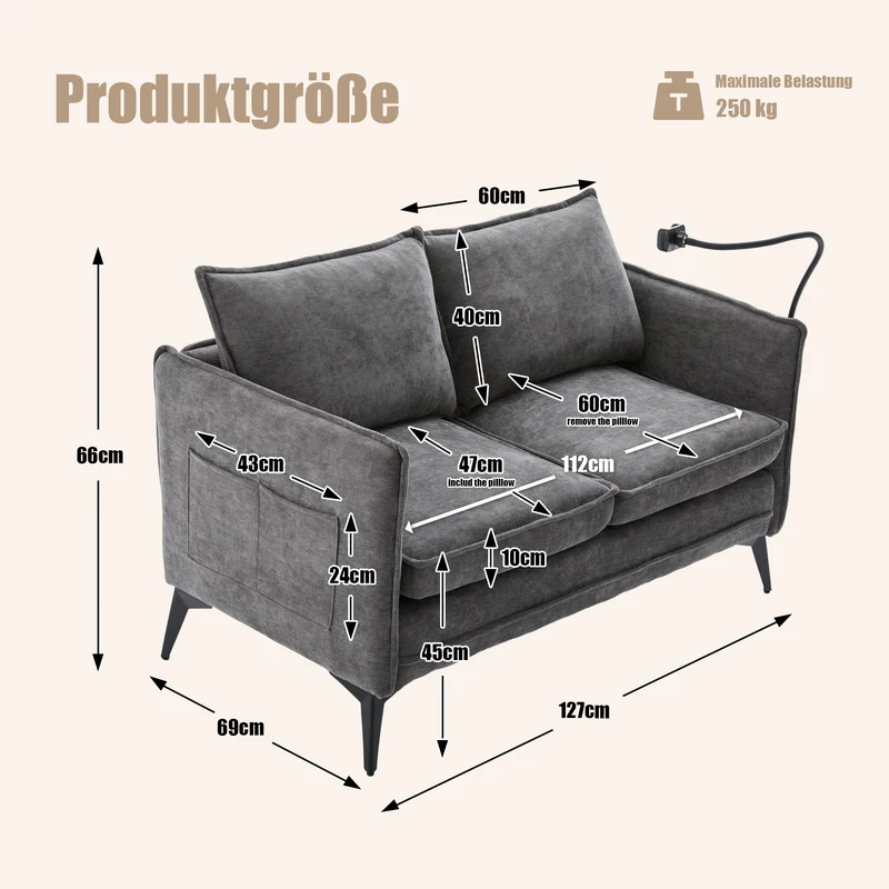 Canapé 2 places en tissu chenille gris avec support téléphone réglable 127x69x66cm INFINITEONYX