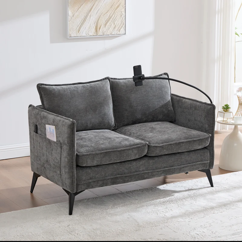 Canapé 2 places en tissu chenille gris avec support téléphone réglable 127x69x66cm INFINITEONYX