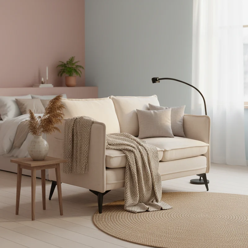 Canapé 2 places en tissu chenille beige avec support téléphone réglable 127x69x66cm INFINITEVORN