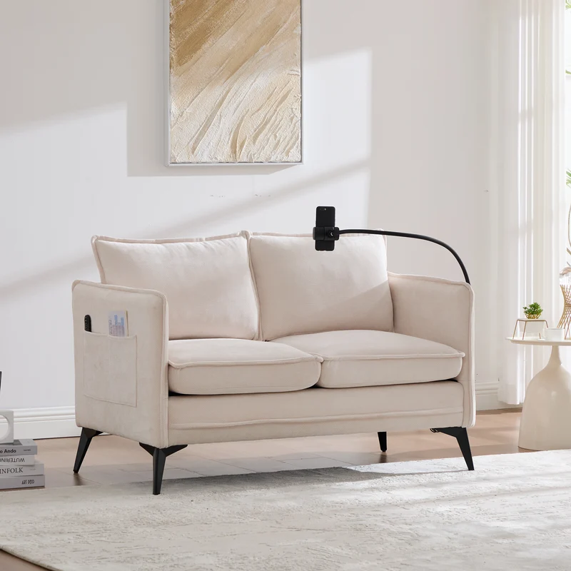 Canapé 2 places en tissu chenille beige avec support téléphone réglable 127x69x66cm INFINITEVORN