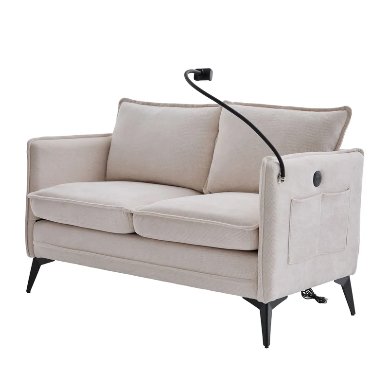 Canapé 2 places en tissu chenille beige avec support téléphone réglable 127x69x66cm INFINITEVORN