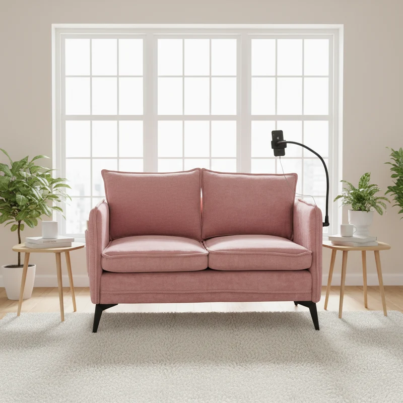 Canapé 2 places en tissu chenille rose avec support téléphone réglable 127x69x66cm INFINITEZORA