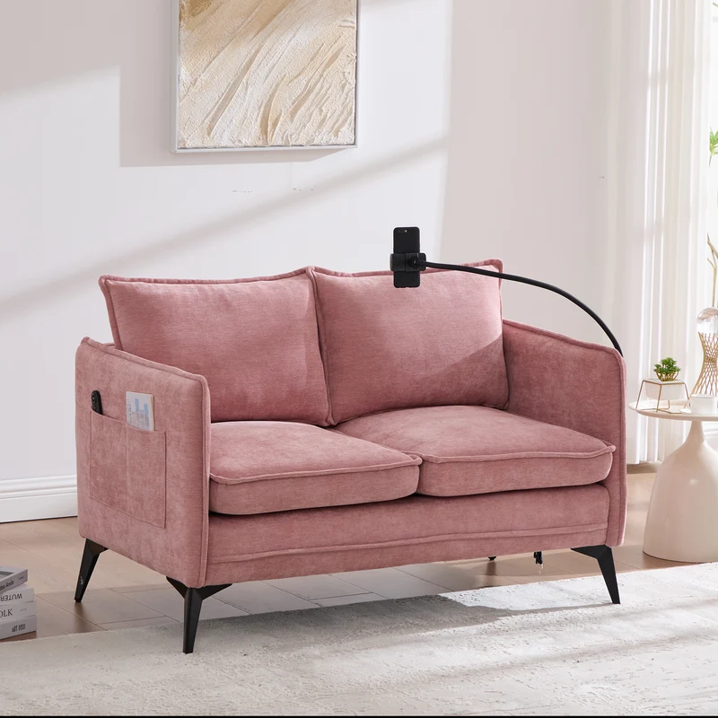Canapé 2 places en tissu chenille rose avec support téléphone réglable 127x69x66cm INFINITEZORA