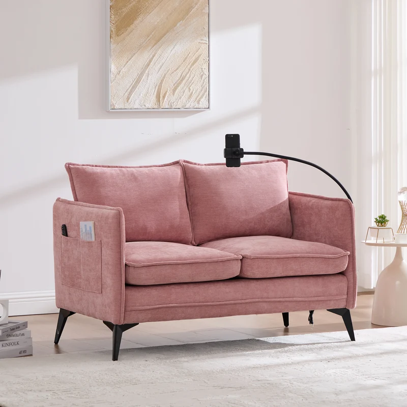 Canapé 2 places en tissu chenille rose avec support téléphone réglable 127x69x66cm INFINITEZORA