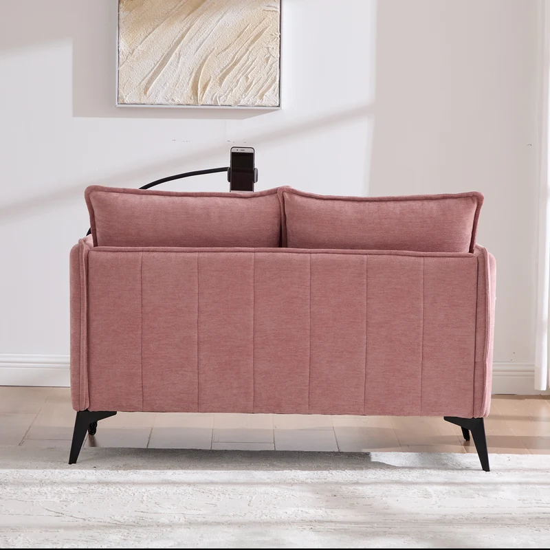 Canapé 2 places en tissu chenille rose avec support téléphone réglable 127x69x66cm INFINITEZORA