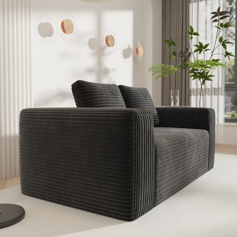 Canapé 2 places tissu côtelé noir avec coussins, sans montage INFINITEZYN