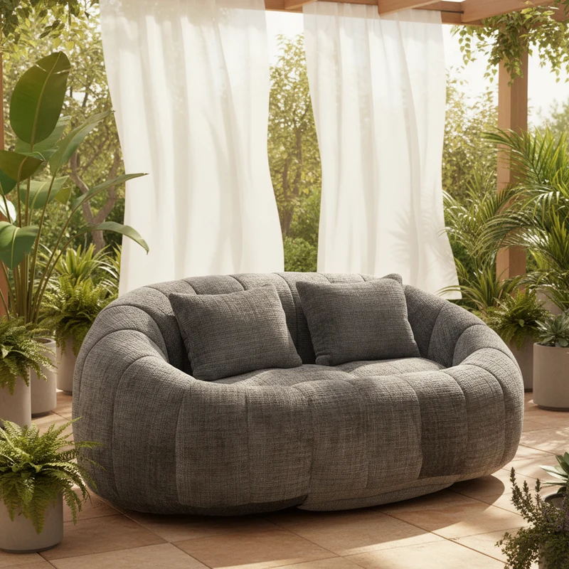 Canapé 2 places en chenille gris, grand fauteuil relax, 2 coussins 150x95x63cm QUASARZYN