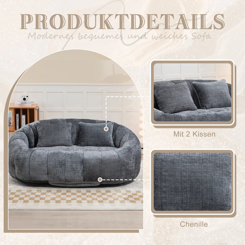 Canapé 2 places en chenille gris, grand fauteuil relax, 2 coussins 150x95x63cm QUASARZYN