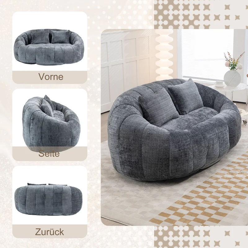 Canapé 2 places en chenille gris, grand fauteuil relax, 2 coussins 150x95x63cm QUASARZYN
