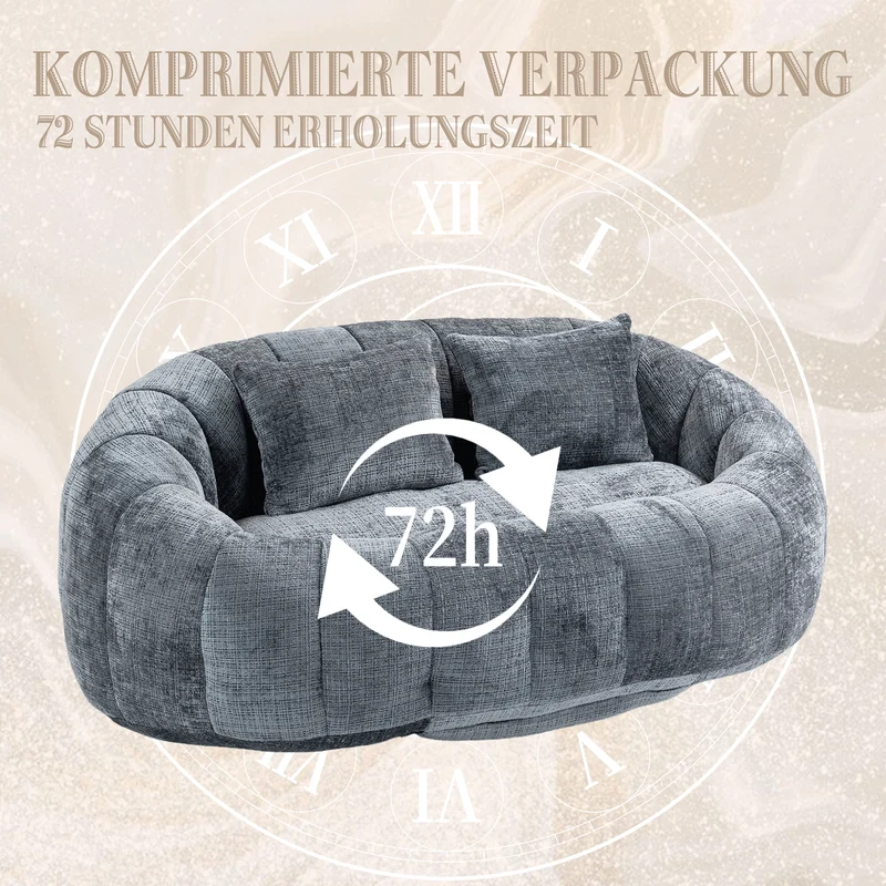 Canapé 2 places en chenille gris, grand fauteuil relax, 2 coussins 150x95x63cm QUASARZYN