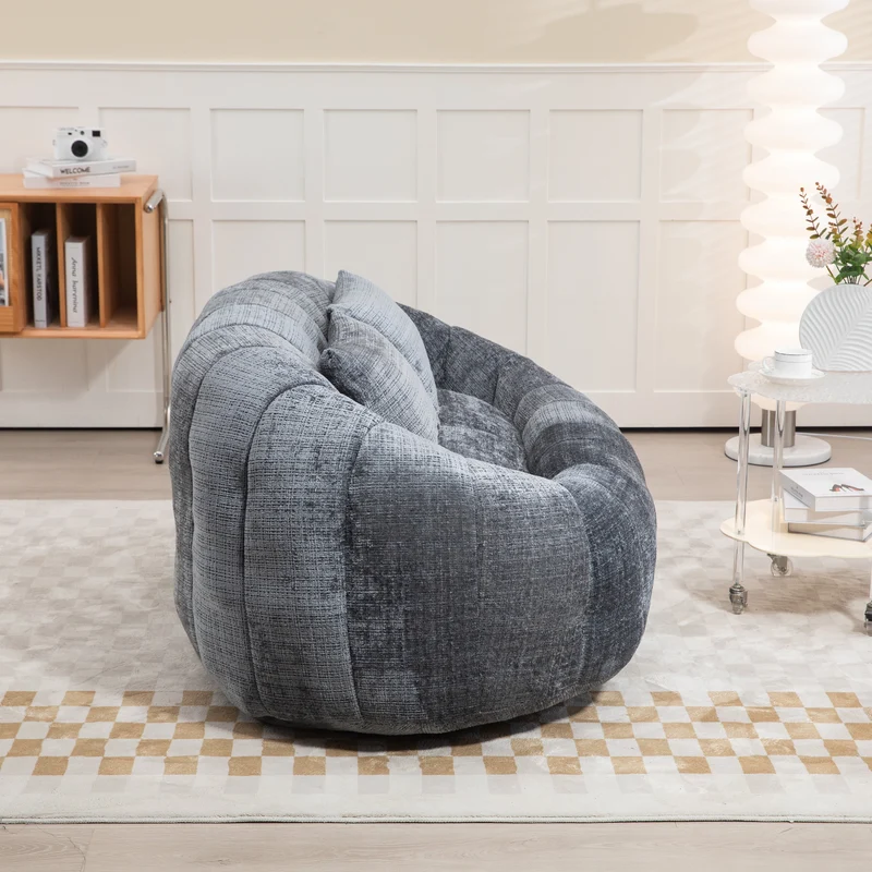 Canapé 2 places en chenille gris, grand fauteuil relax, 2 coussins 150x95x63cm QUASARZYN
