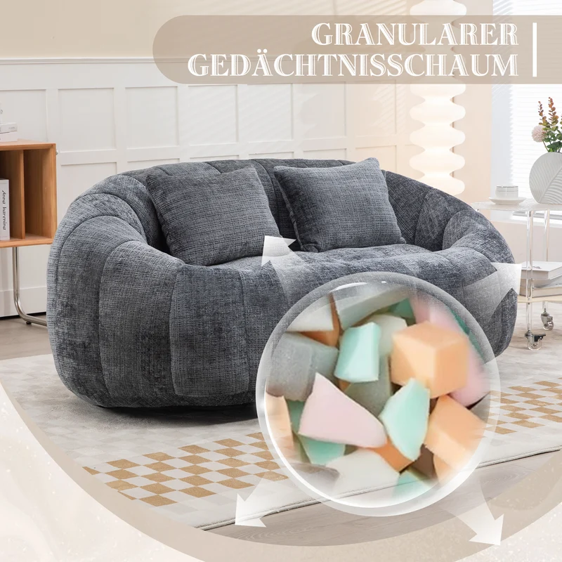 Canapé 2 places en chenille gris, grand fauteuil relax, 2 coussins 150x95x63cm QUASARZYN
