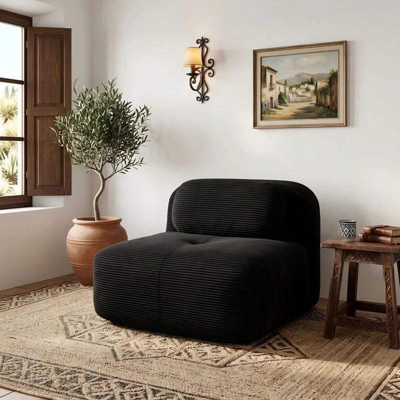 Canapé fauteuil modulable sans accoudoirs en velours côtelé noir 90x103cm NOVAAERO