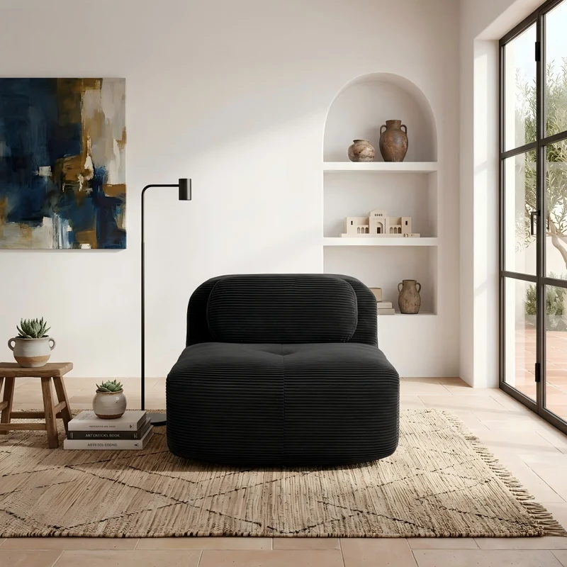 Canapé fauteuil modulable sans accoudoirs en velours côtelé noir 90x103cm NOVAAERO