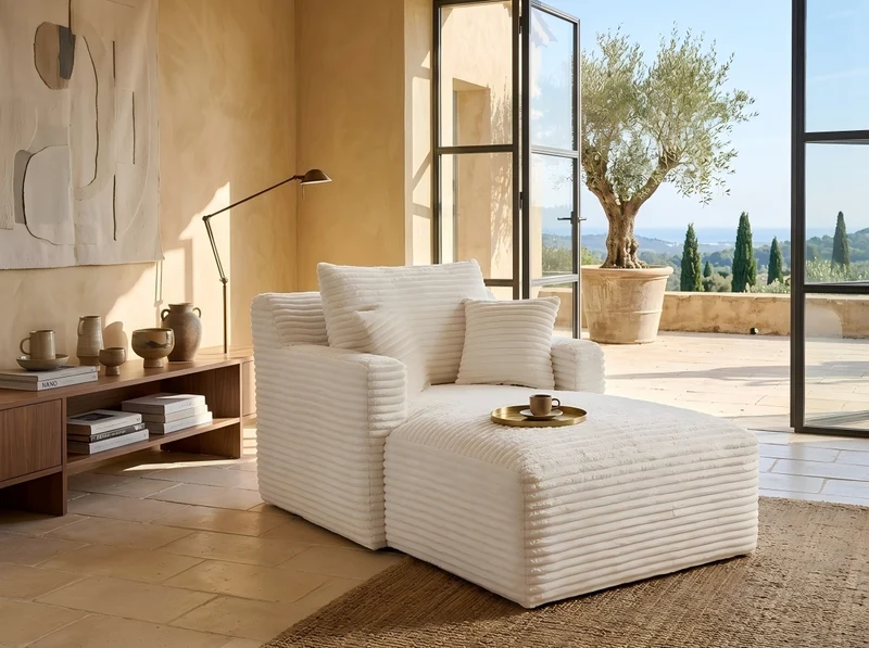 Canapé méridienne lit modulable en velours côtelé crème, sans montage MERIDIANVORN
