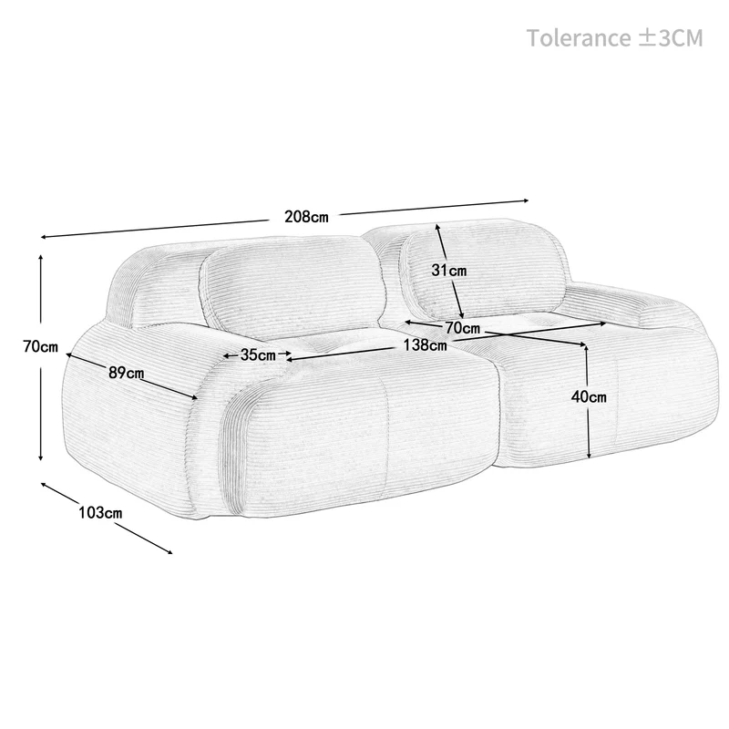 Canapé 2 places loveseat modulable en velours côtelé gris avec accoudoirs courbés, confort premium, sans montage NOVAMEK